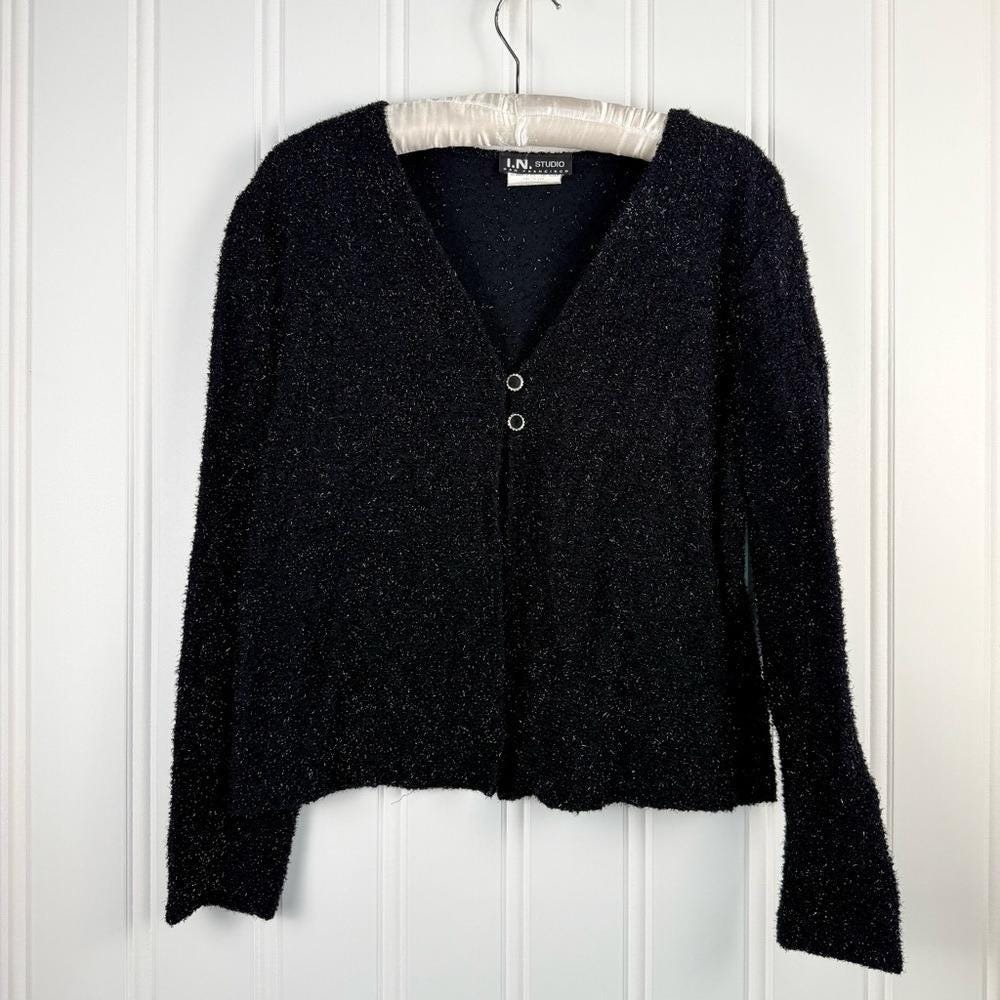 Vintage Womens‎ Sz 14 Black Metallic Sweater Cardigan I.N. Studio San Francisco